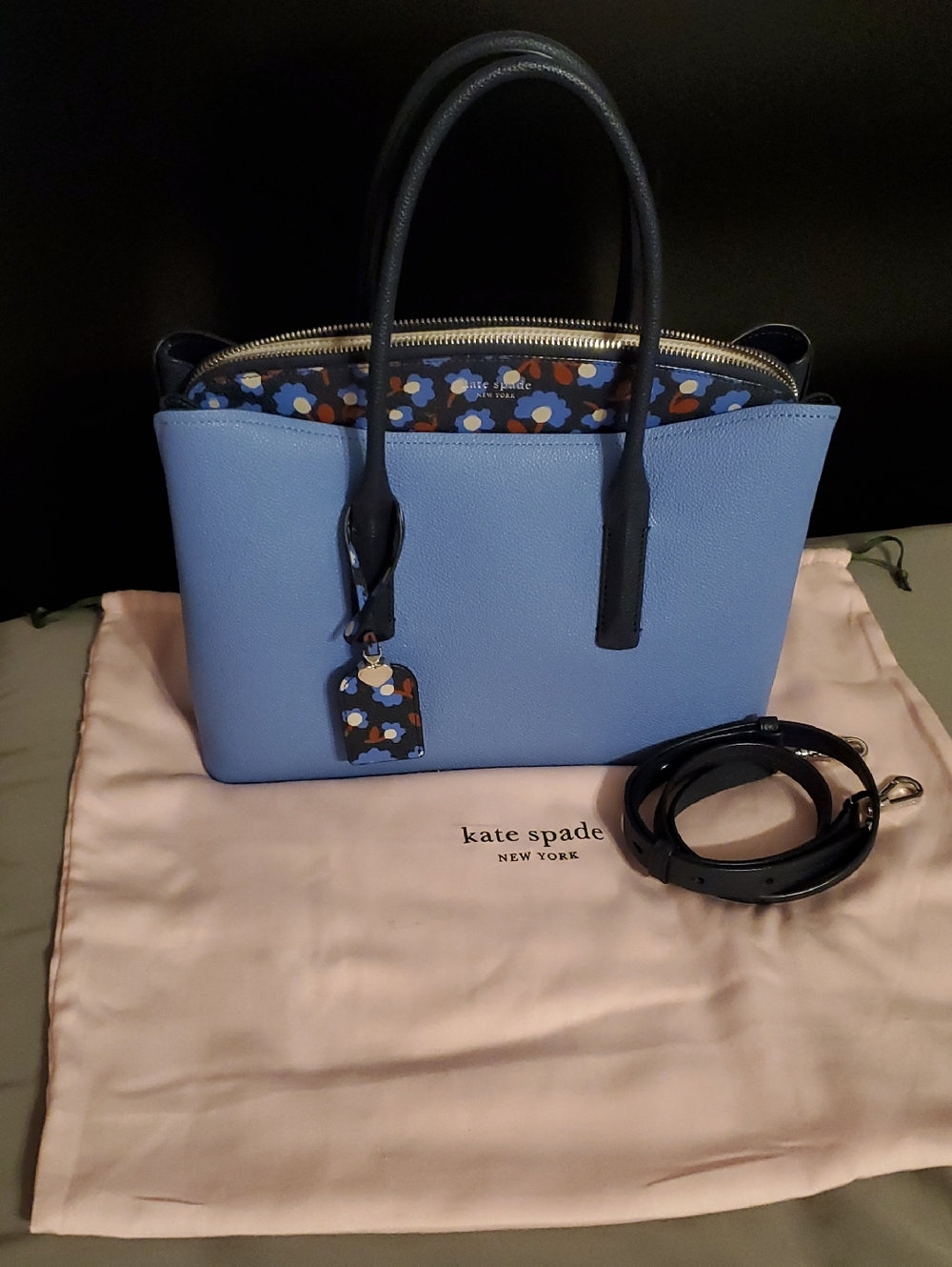 kate spade Periwinkle Blue Leather Satchel with Floral Trim